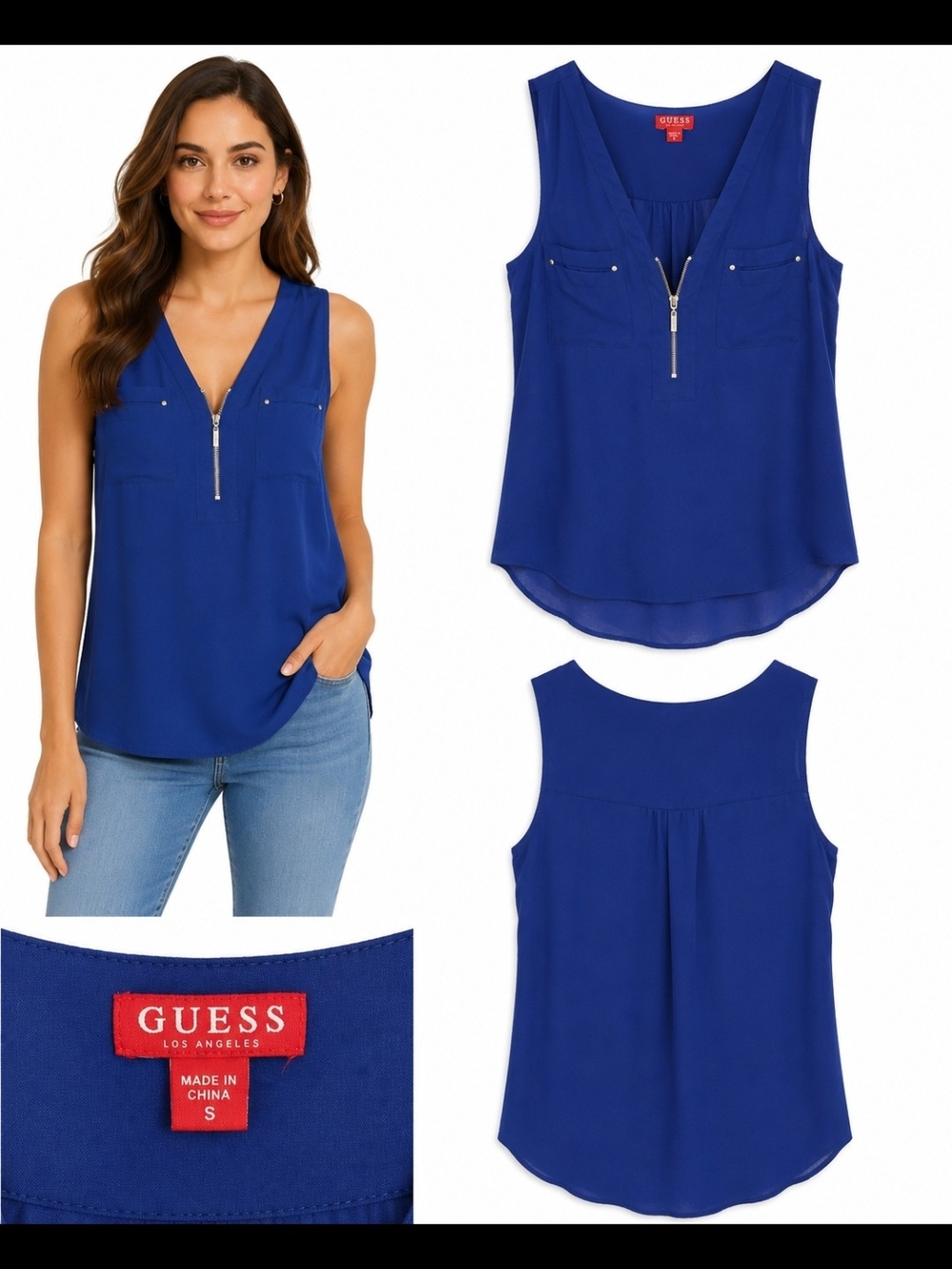 Guess Royal Blue Sleeveless Zip-Front V-Neck Top